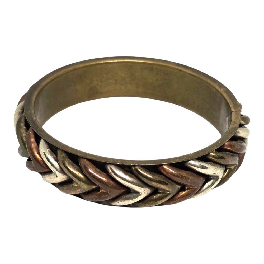 Vintage Tri Tone Braided Bangle Bracelet Brass Copper Silver Woven Boho